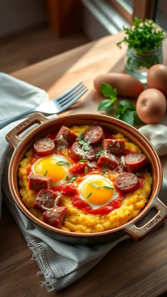 Italian sausage and polenta egg bake served in a ceramic dish with eggs and marinara sauce.