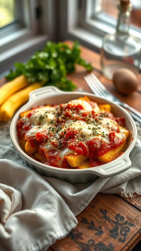 A delicious Italian squash casserole with mozzarella and marinara sauce.