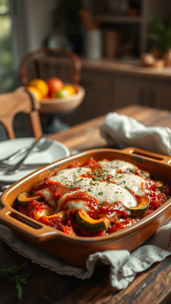 A delicious Italian Squash Casserole with mozzarella and marinara sauce