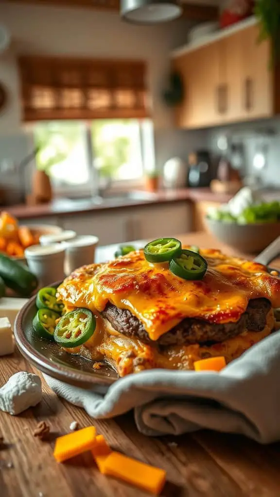 A delicious serving of jalapeño popper cheeseburger casserole topped with slices of jalapeño.