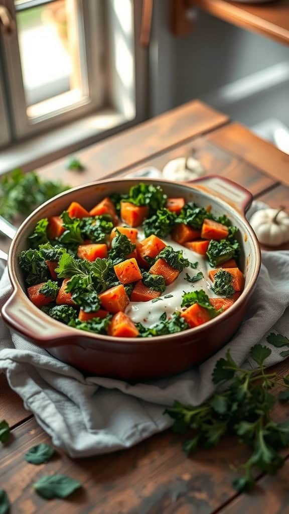 A casserole dish with layers of kale and sweet potatoes in a creamy sauce.