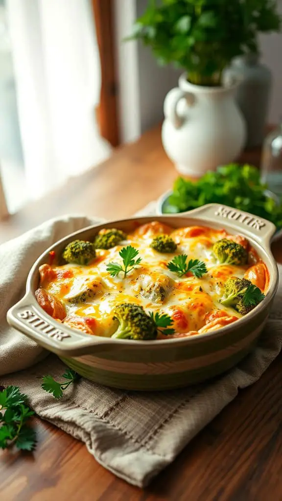 Keto Broccoli Casserole with a golden cheesy topping and fresh parsley garnish.