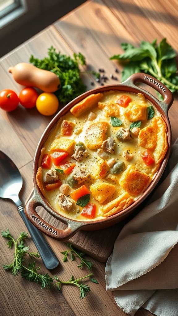 A hearty and creamy keto chicken pot pie casserole with colorful vegetables.