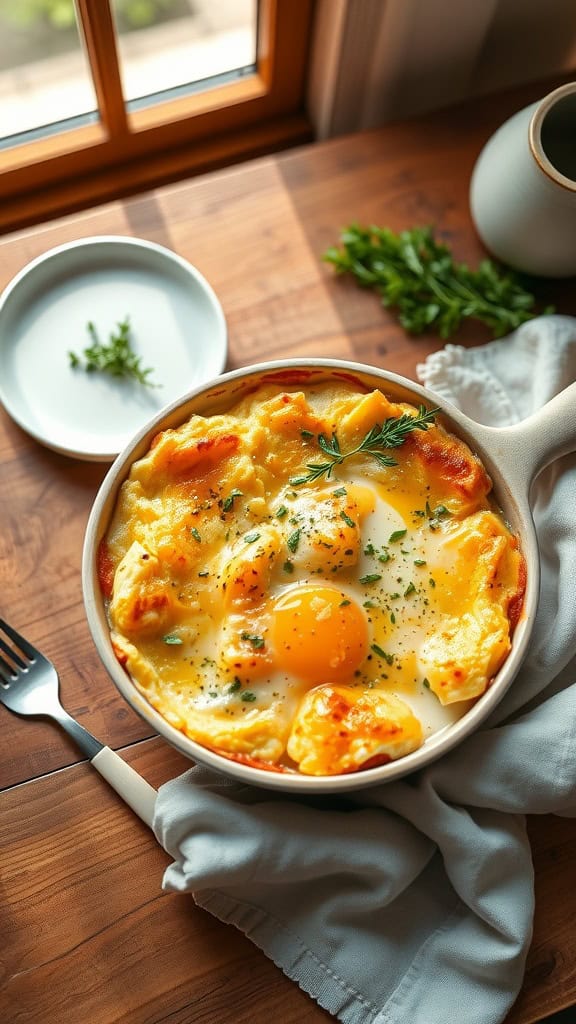 A delicious Keto Egg and Cheese Casserole with eggs, cream, and sharp cheddar, garnished with herbs.