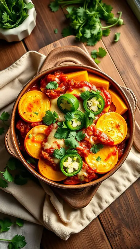 A delicious Keto Squash Enchilada Casserole topped with cheese and cilantro.