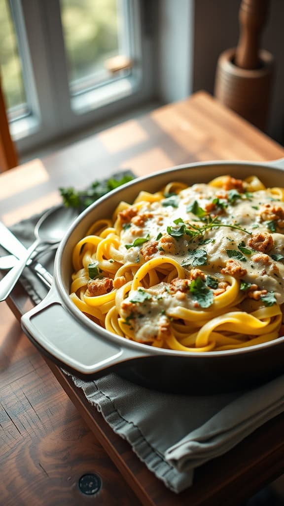 A delicious keto tuna noodle casserole with zucchini noodles and a creamy cheese sauce.