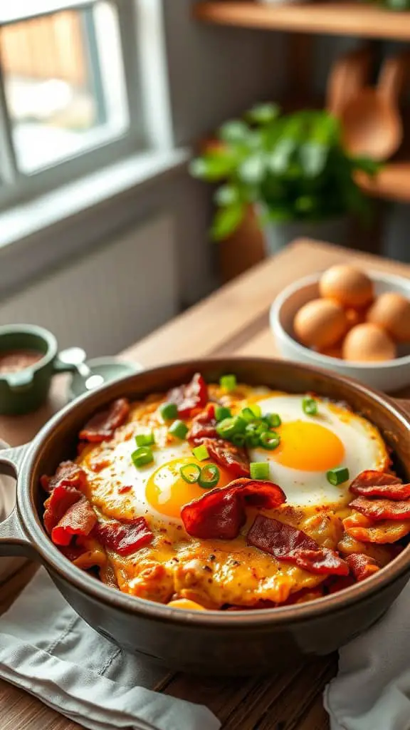 A delicious Kimchi and Bacon Egg Casserole topped with green onions.