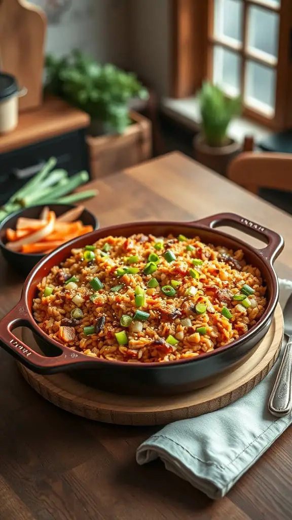 A delicious Kimchi Chicken Fried Rice Bake in a casserole dish, garnished with green onions.