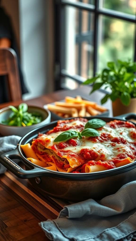 A delicious lasagna dinner casserole with layers of pasta and melted cheese.