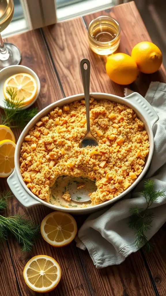 A serving of Lemon-Dill Tuna Casserole with a crunchy breadcrumb crust.