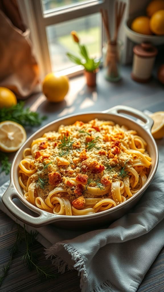 A delicious Lemon-Dill Tuna Noodle Casserole with a golden topping.