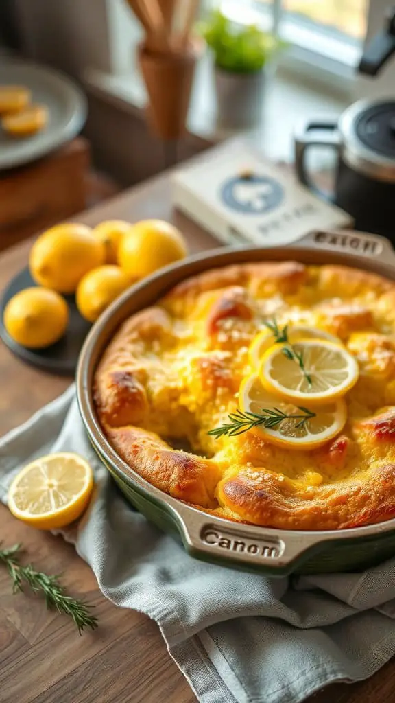 A lemon-scented squash cornbread casserole baked and garnished with lemon slices