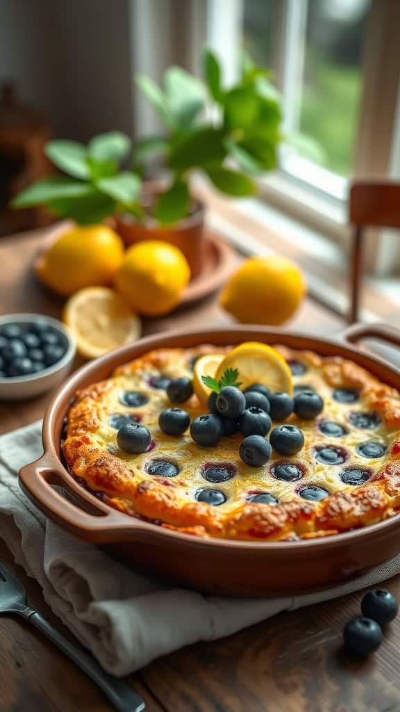 Delicious Lemon Blueberry Breakfast Bake with blueberries on top and sliced lemons beside it