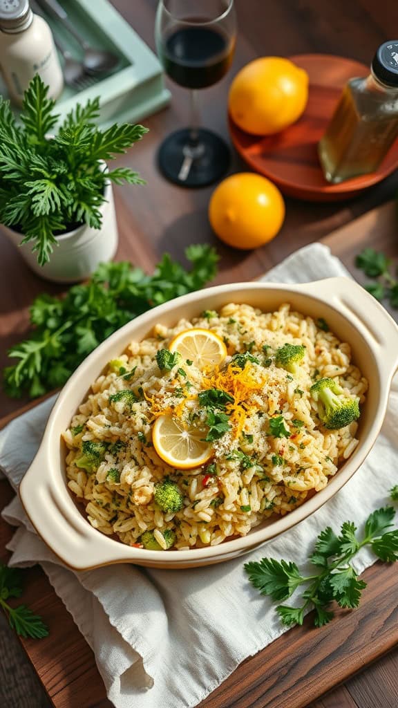 A delicious lemon herb broccoli rice casserole with fresh broccoli and herbs.