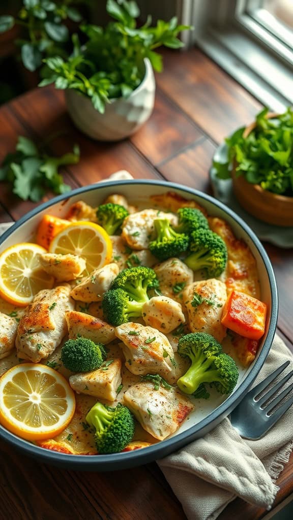 A delicious Lemon Herb Chicken Broccoli Bake with lemon slices and vibrant broccoli