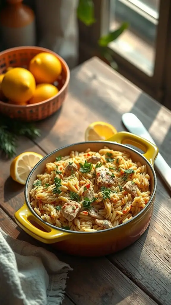 A vibrant chicken rice casserole with lemon and herbs.