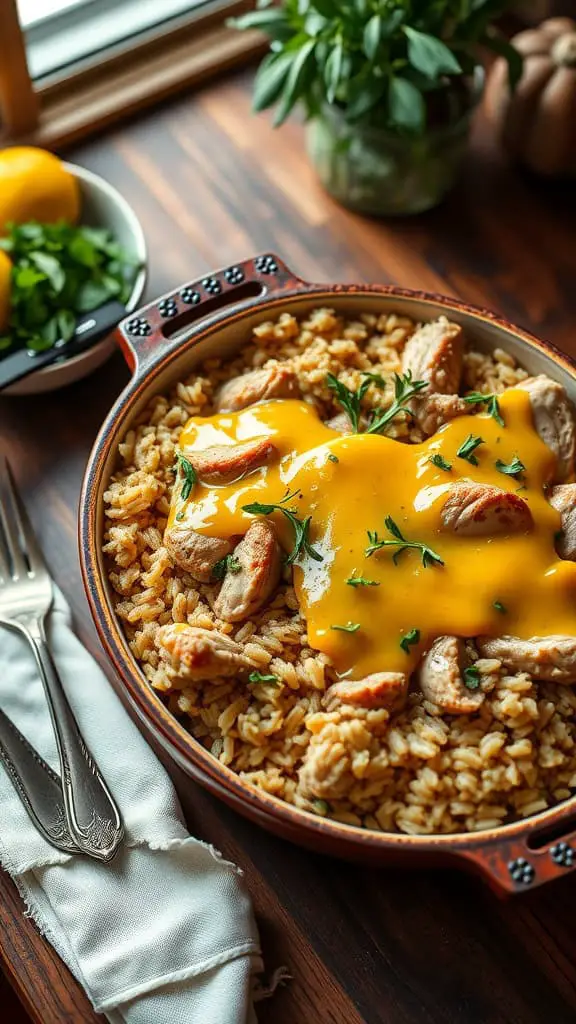 A casserole dish filled with turkey and brown rice topped with melted cheese and garnished with herbs.