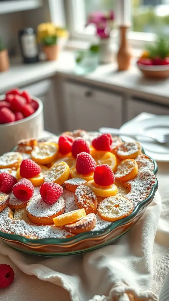 Delicious lemon raspberry french toast casserole topped with fresh raspberries and lemon slices