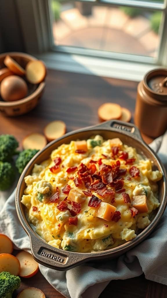 A delicious loaded baked potato broccoli cheese casserole topped with bacon and crackers.