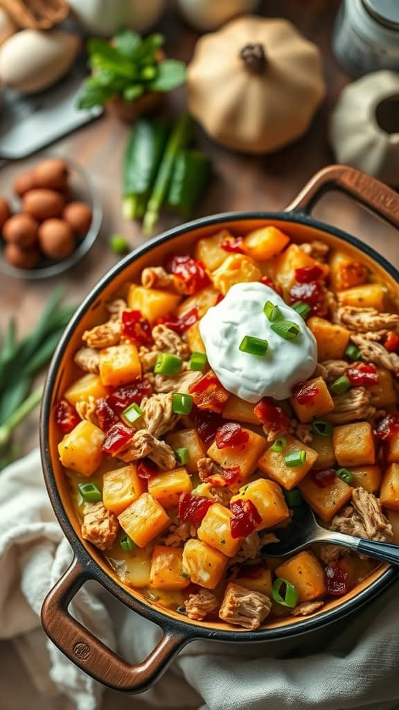 A delicious Loaded Baked Potato Chicken Casserole with chicken, potatoes, cheese, bacon, and sour cream.