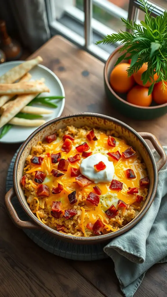 A delicious loaded baked potato egg casserole with hash browns, bacon, and cheese.