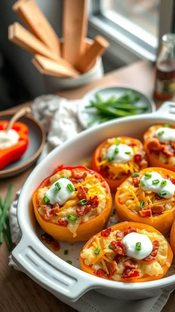 Loaded baked potato stuffed pepper casserole with bacon, cheddar cheese, and sour cream.