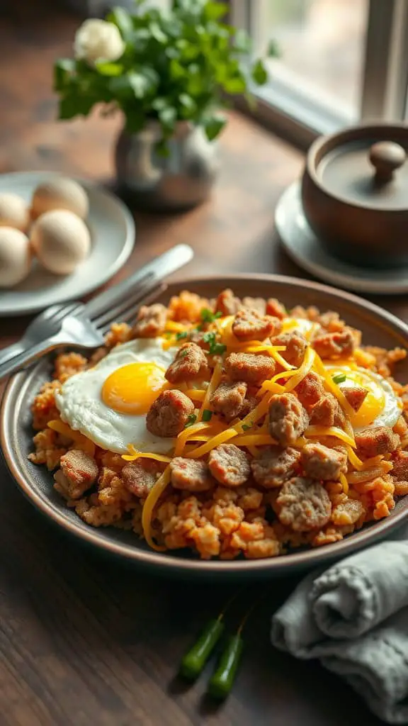 A delicious loaded breakfast hashbrown casserole topped with scrambled eggs, sausage, and cheddar cheese.