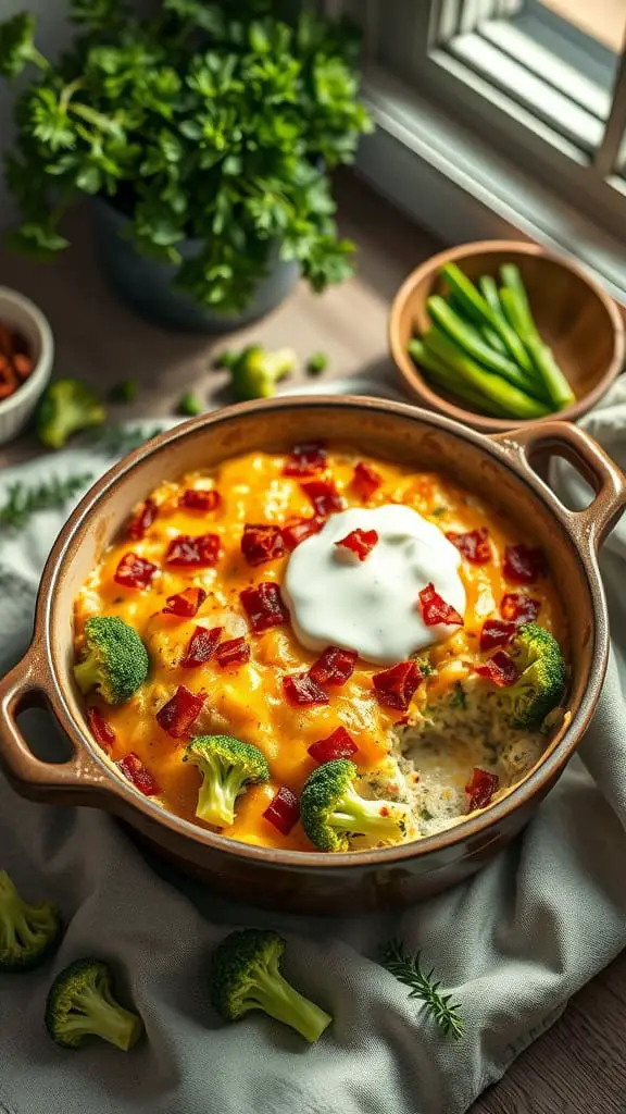 Loaded broccoli casserole topped with cheddar cheese and bacon