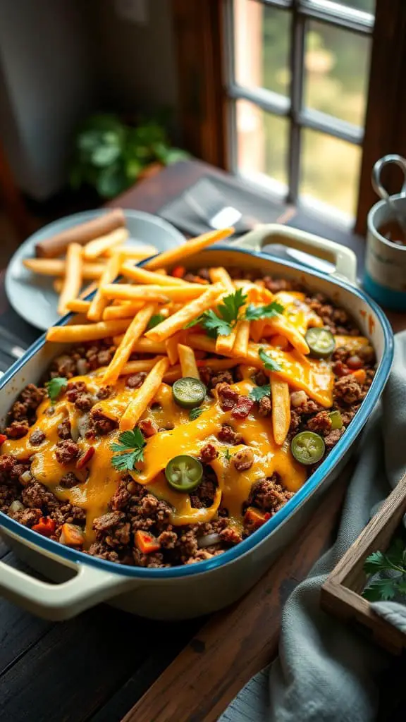 A delicious Loaded Cheeseburger Casserole with ground beef, cheese, pickles, and crispy fries