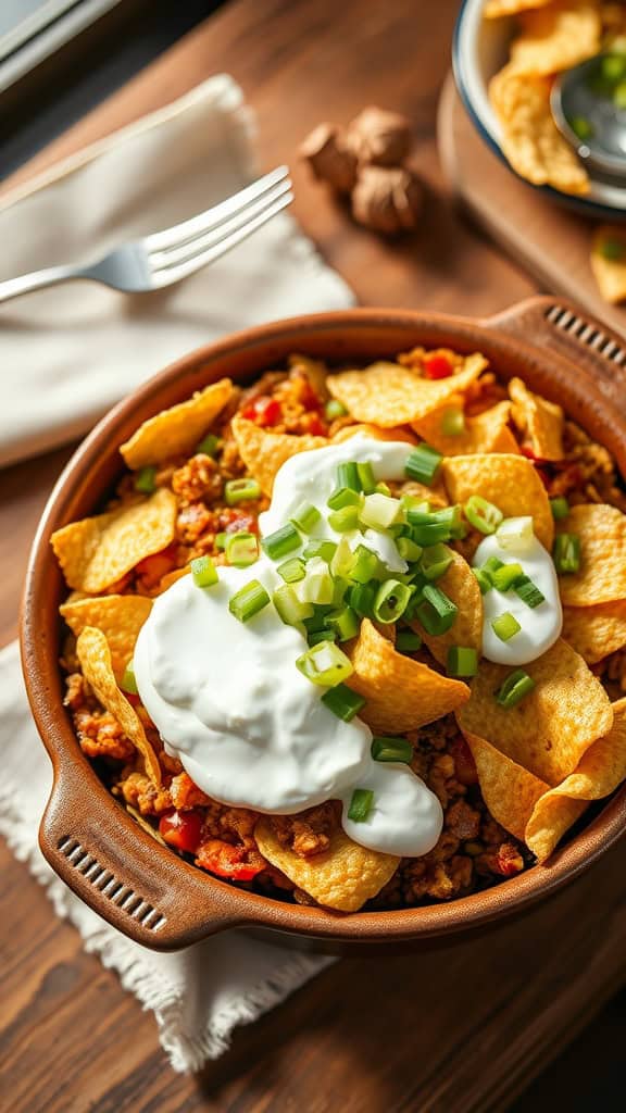 A delicious bowl of Loaded Cowboy Casserole topped with sour cream, green onions, and crushed potato chips.