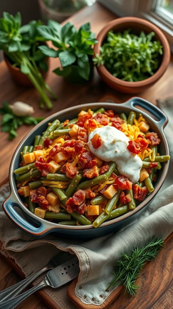 A delicious loaded green bean casserole with bacon, cheddar cheese, and sour cream.