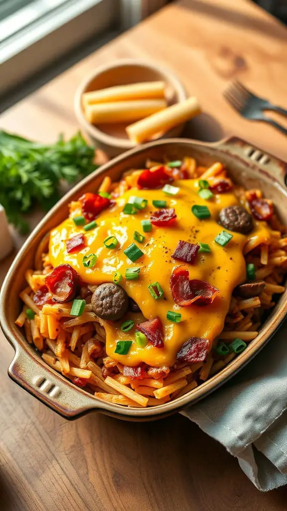 A loaded hashbrown breakfast bake topped with cheese, bacon, and green onions.