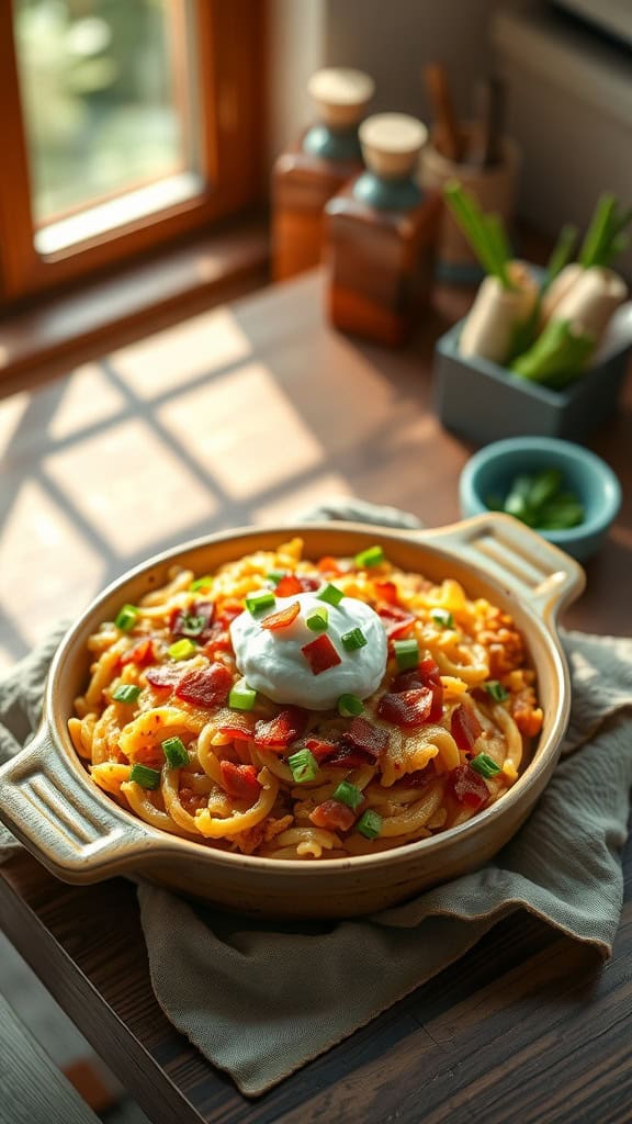 A delicious loaded hashbrown casserole topped with bacon, green onions, and sour cream.