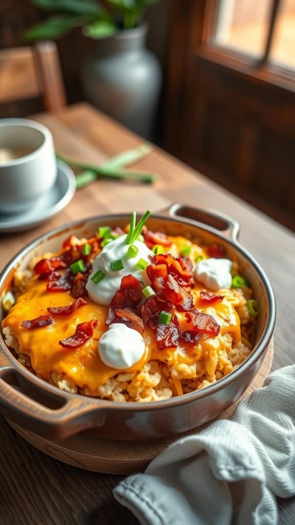 A delicious loaded hashbrown casserole topped with cheese, bacon, sour cream, and green onions.