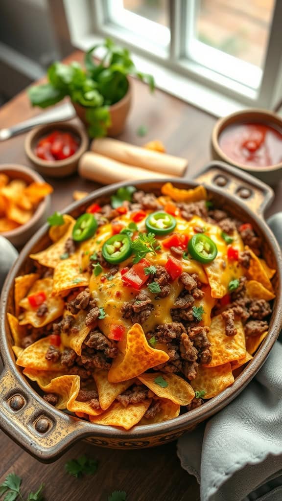 Loaded Nacho Hamburger Casserole with chips, beef, cheese, and jalapeños.