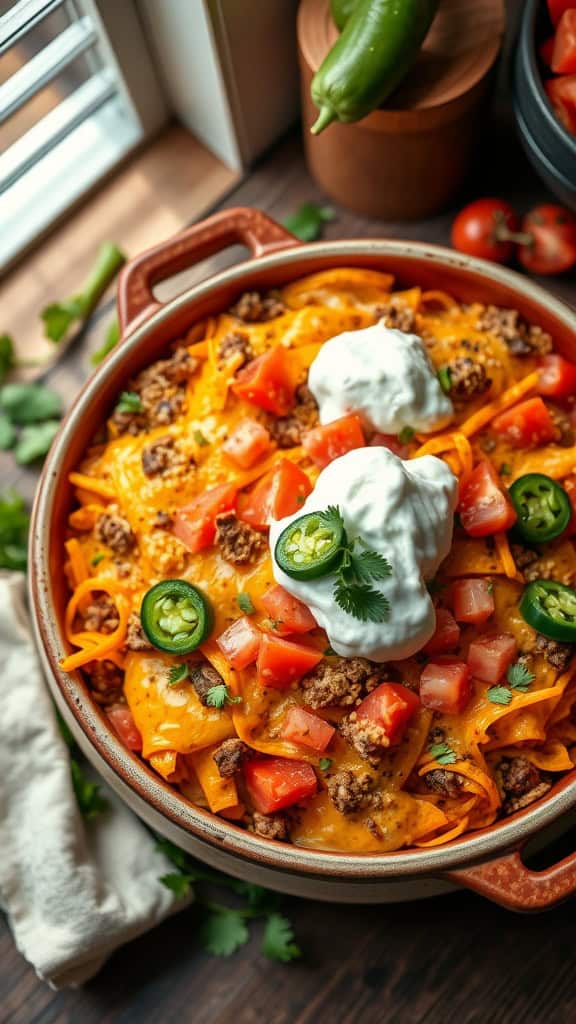 A delicious Loaded Nacho Taco Casserole topped with fresh ingredients.