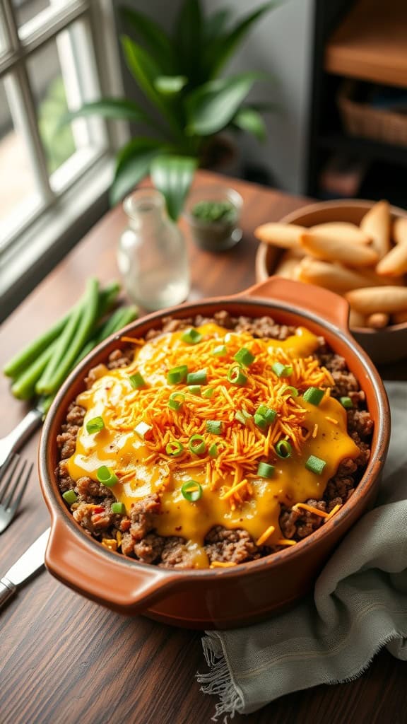 A hearty loaded potato hamburger casserole topped with cheese and green onions