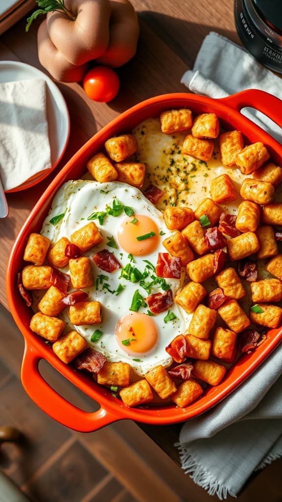 A delicious loaded tater tot breakfast bake featuring crispy tots, eggs, bacon, and melted cheese.