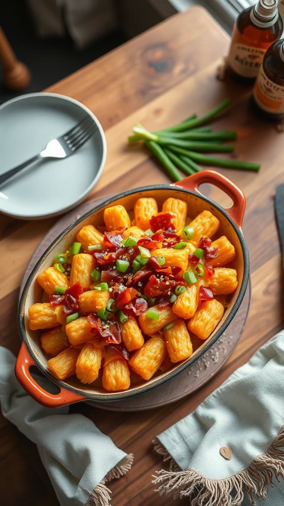 A delicious Loaded Tater Tot Breakfast Bake with tater tots, bacon, and cheese.