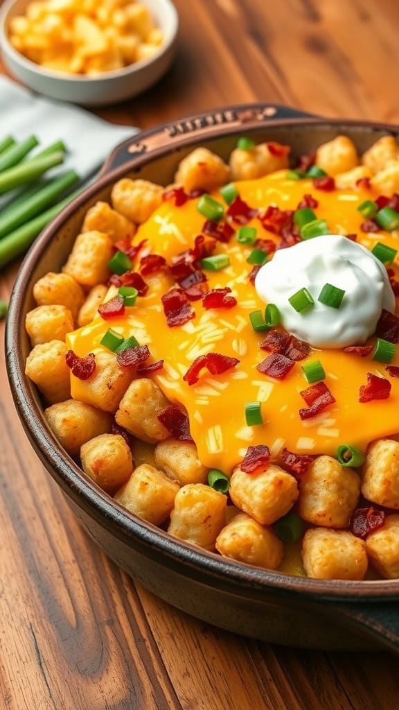 A delicious loaded tater tot casserole topped with cheese, bacon, and green onions, served in a baking dish.