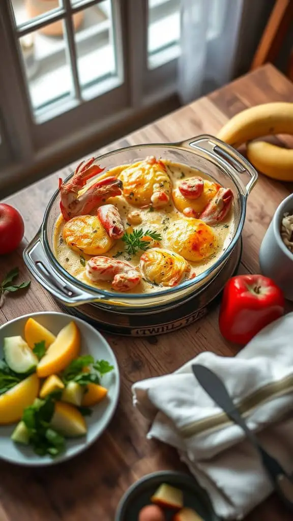 A lobster and gruyère egg casserole served in a baking dish with fresh herbs.