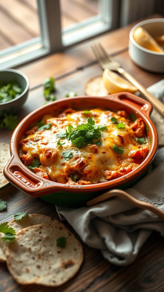 Delicious low-carb chicken enchilada casserole with fresh toppings