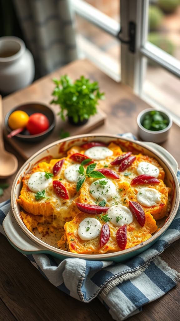 A delicious low-carb squash casserole made with almond flour and mozzarella, garnished with fresh herbs.