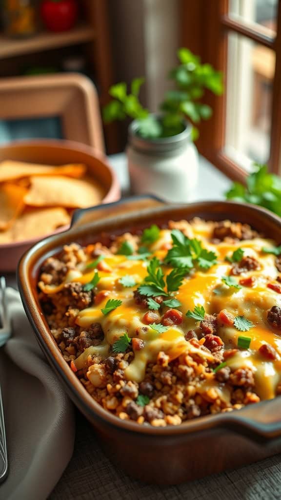 A delicious low-carb taco casserole with layers of beef, cauliflower rice, and cheese.