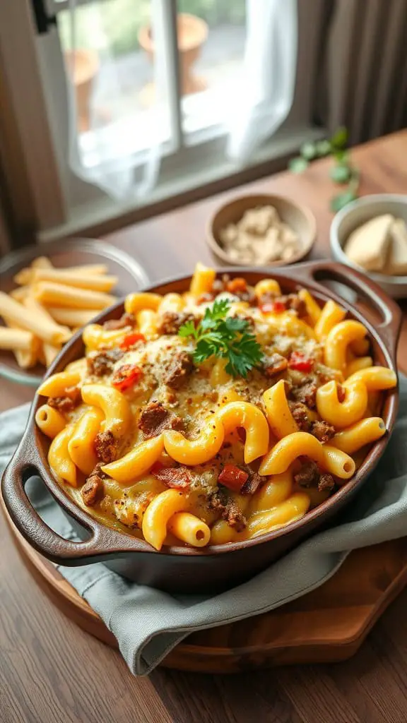 A delicious mac and cheese cheeseburger casserole with elbow macaroni, ground beef, and melted cheese.