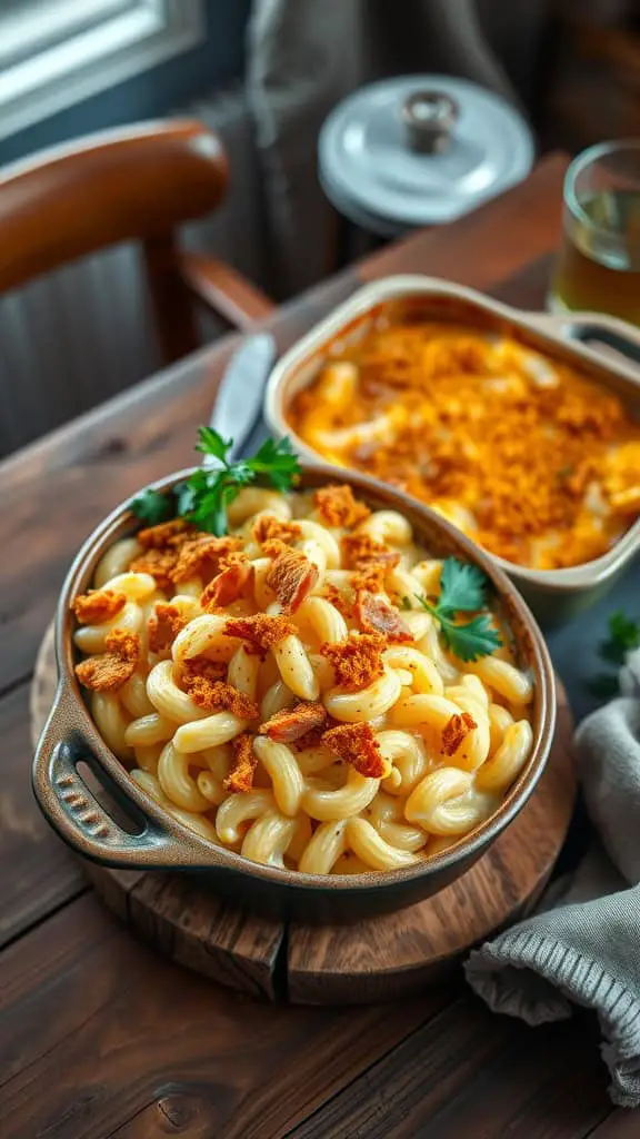 A creamy macaroni and cheese casserole topped with breadcrumbs, showcasing a comforting meal with chicken and ham.
