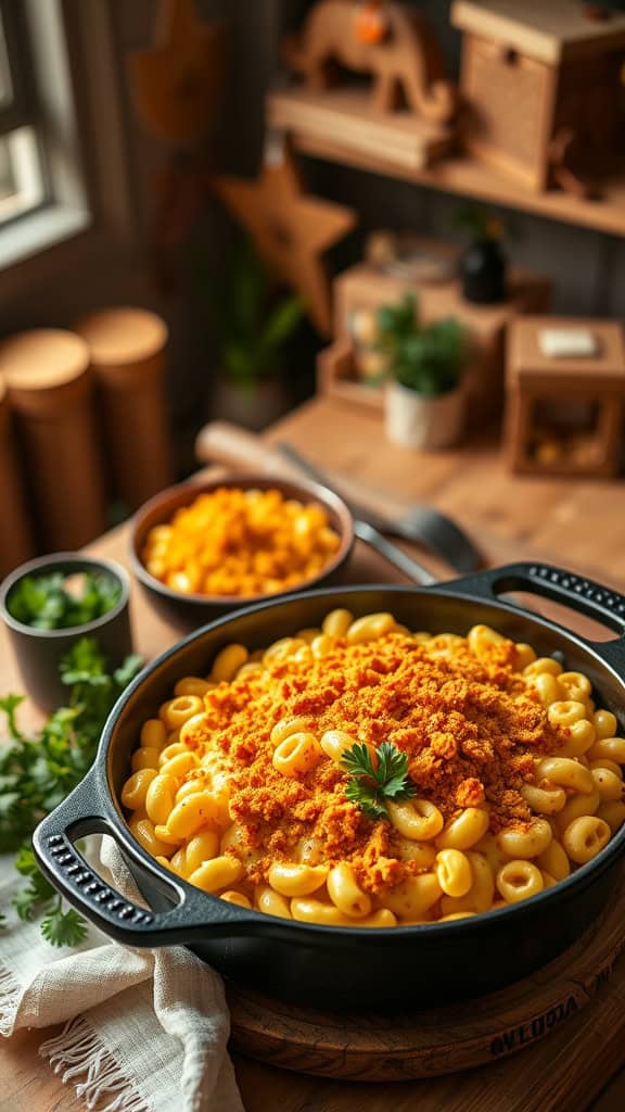 A delicious serving of creamy macaroni and cheese casserole topped with crunchy tortilla chips.