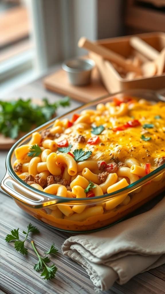 Mac and Cheese Hamburger Casserole with ground beef and cheese topping