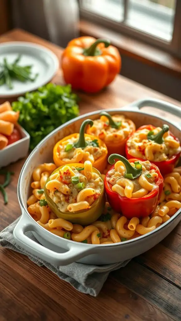 A delicious Mac and Cheese Stuffed Pepper Casserole featuring bell peppers filled with creamy macaroni and cheese.