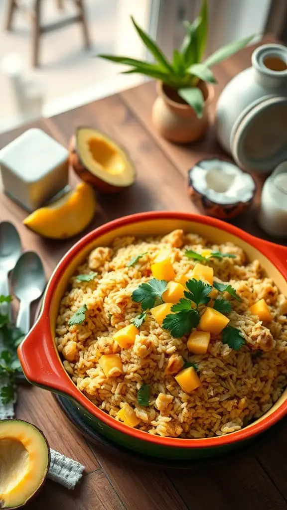 Mango Coconut Chicken Rice Casserole with coconut milk and mango chunks